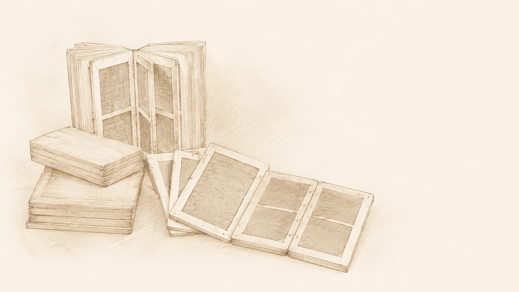 Ilustración lineal en tonos sepia de un conjunto de tabulae romanas