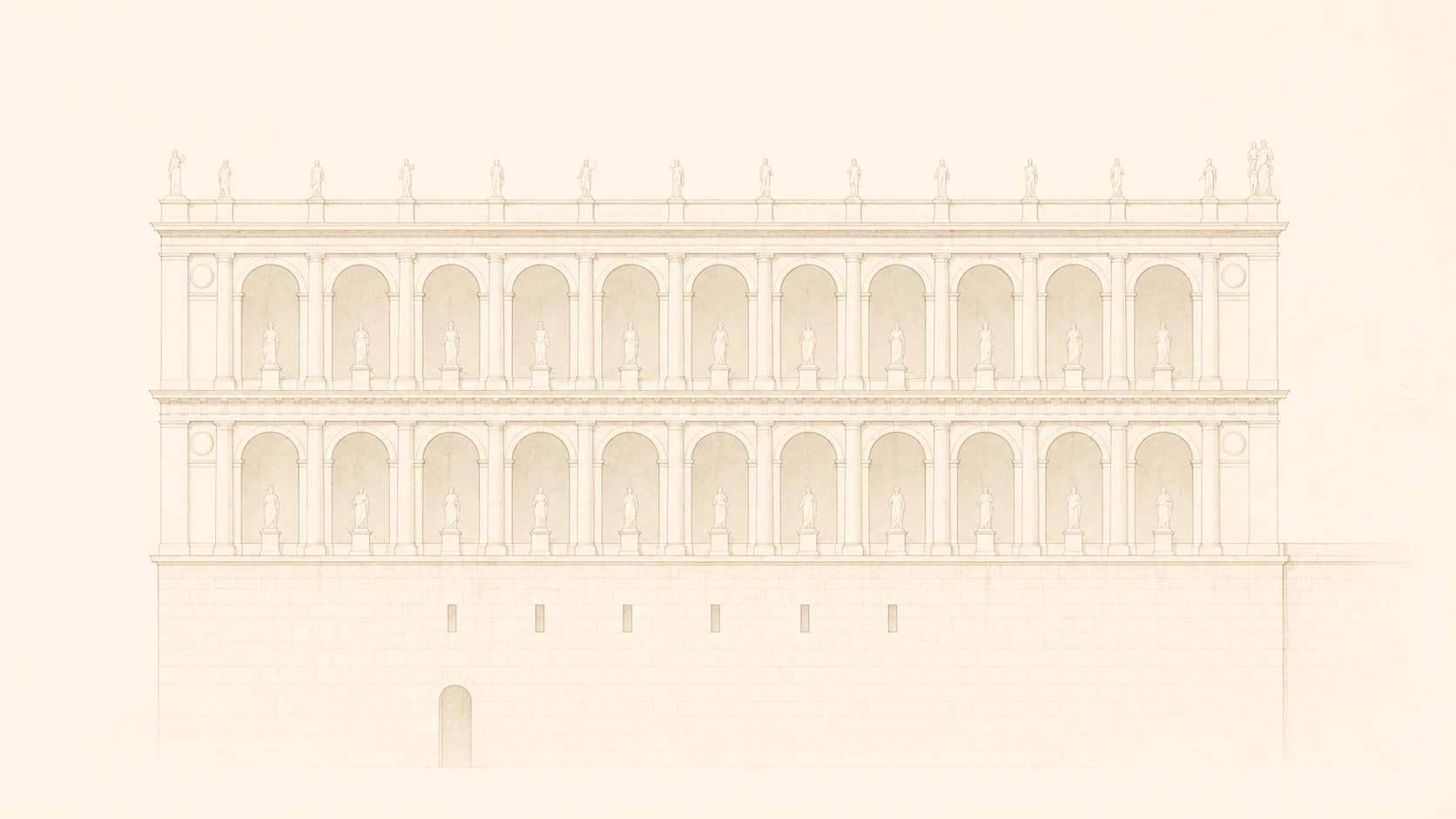 Ilustración lineal en tonos sepia del edificio romano del Tabularium