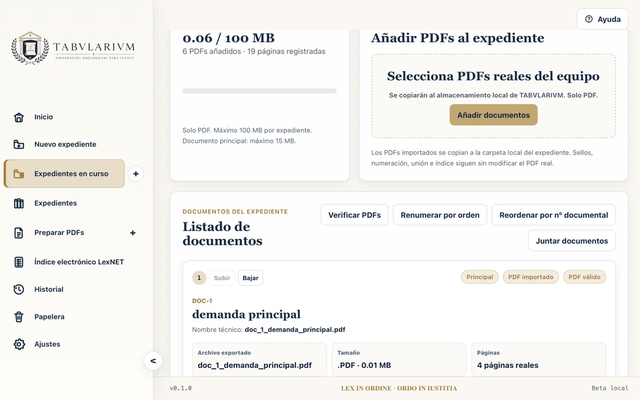 Expediente ficticio con seis documentos PDF ordenados en TABVLARIVM